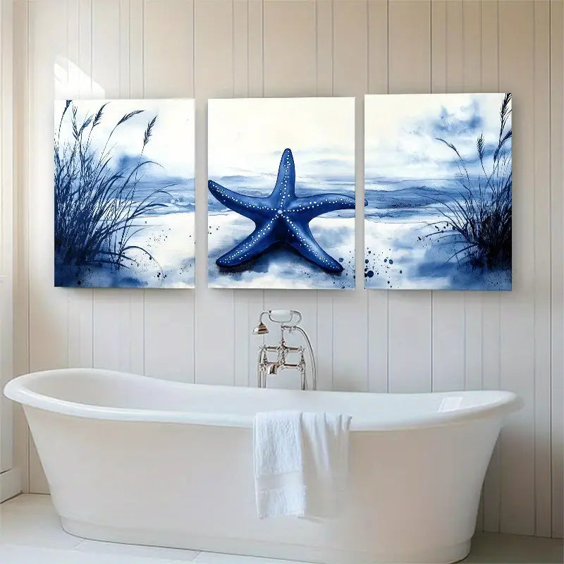 3pcs Tranquil Blue Sea and Grass Starfish Metal Print Ready to Hang Art
