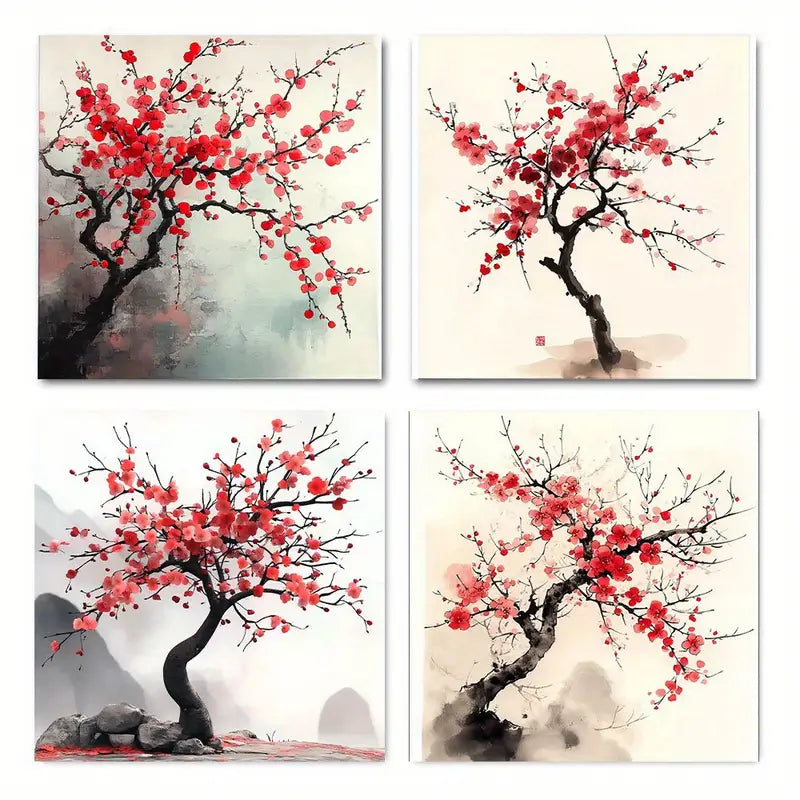 4pcs Red Chinese Plum Picture Wall Art Canvas Framed