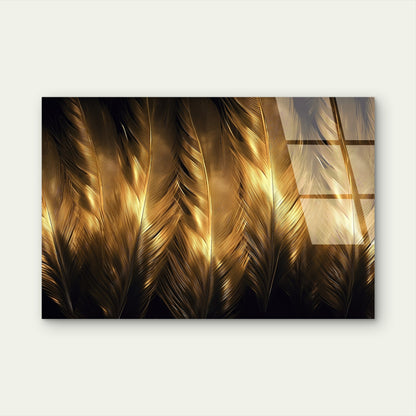 Golden Feathers Abstract Acrylic Glass Printing Wall Art Australian Made Quality
