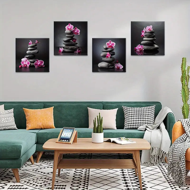 4pcs Black Pebbles Canvas Print, Flower BF Wall Art Canvas Framed