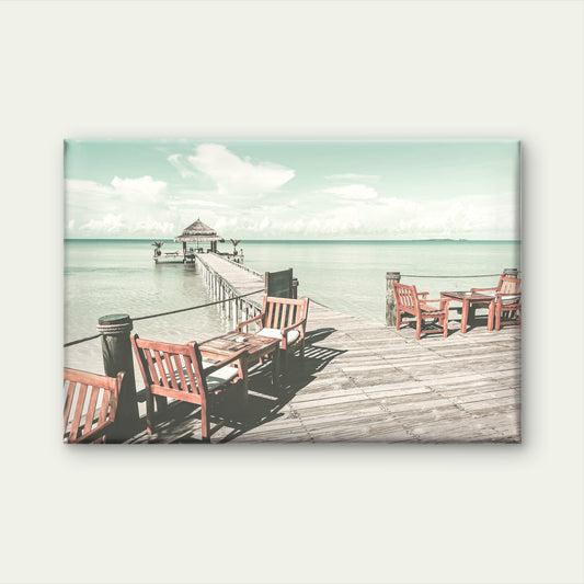 Empty chairs and tables on a luxury resort pier, Maldives Neutral Vintage Canvas Print Wall Art Decor 100% Australian Made