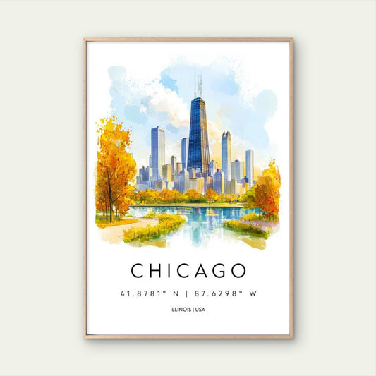 Chicago Illinois Skyline Watercolor Painting Travel Poster Print Wall Art