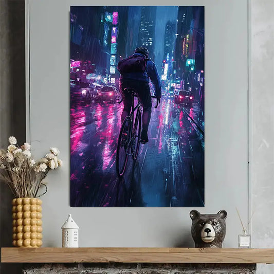 Neon Night Rider Cyberpunk City Art Poster 40x60cm Metal Print Ready to Hang