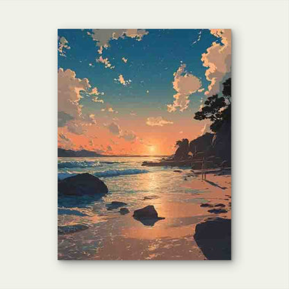 Manga-Style Artwork of a Japanese Sunset Beach 40x60cm Metal Print Ready to Hang