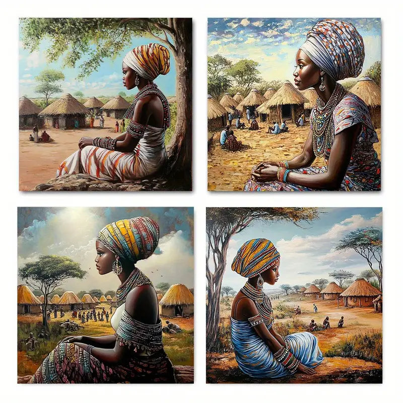 4pcs African Women In Traditional Dress, Wall Art Canvas Framed
