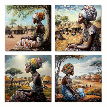 4pcs African Women In Traditional Dress, Wall Art Canvas Framed