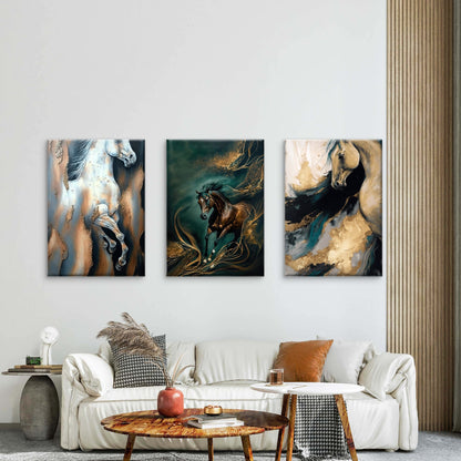 3pcs Abstract Running Horses Painting Teal Gold Wall Art Set Canvas Framed 40x60cm - High Quality Print 100% Australian Made Wall Canvas Ready to Hang