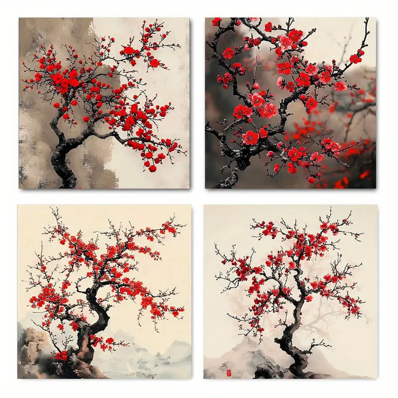 4pcs  Vintage Abstract Red Plum Blossom Wall Art Canvas Framed