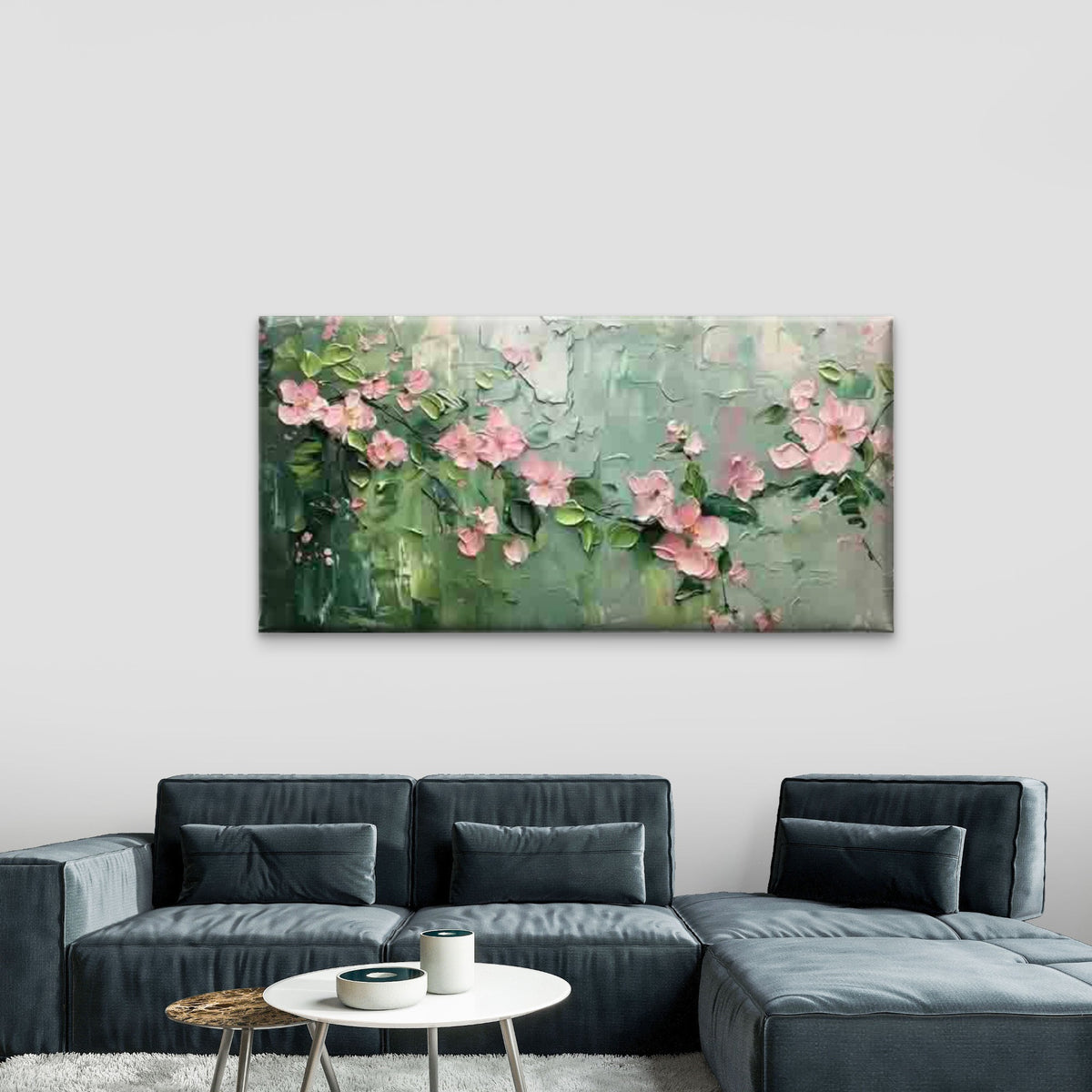 Pink Blossoms And Green Leaves Wall Art Canvas Office Home Room Framed 120x60cm