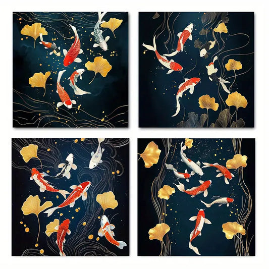 4pcs Golden Red Koi Fish Wall Art Canvas Framed