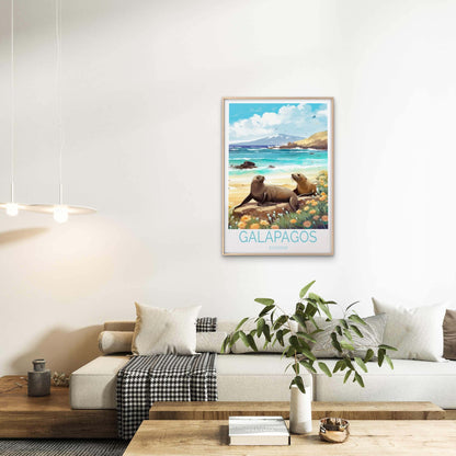 Galapago Ecuador, Sea Lions in Beach Travel Poster Print Wall Art