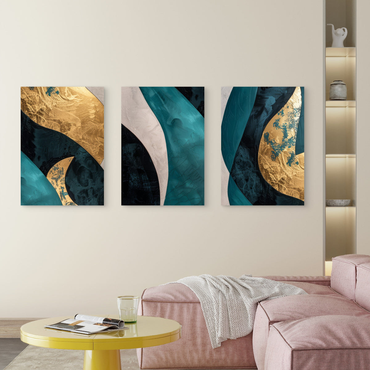 3pcs Teal Gold Abstract Marble Wave Fluid Wall Art Set Canvas Framed 40x60cm - High Quality Print 100% Australian Made Wall Canvas Ready to Hang