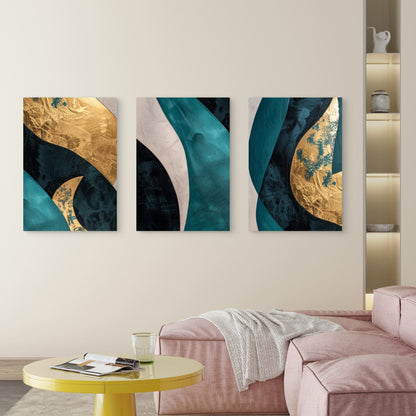 3pcs Teal Gold Abstract Marble Wave Fluid Wall Art Set Canvas Framed 40x60cm - High Quality Print 100% Australian Made Wall Canvas Ready to Hang