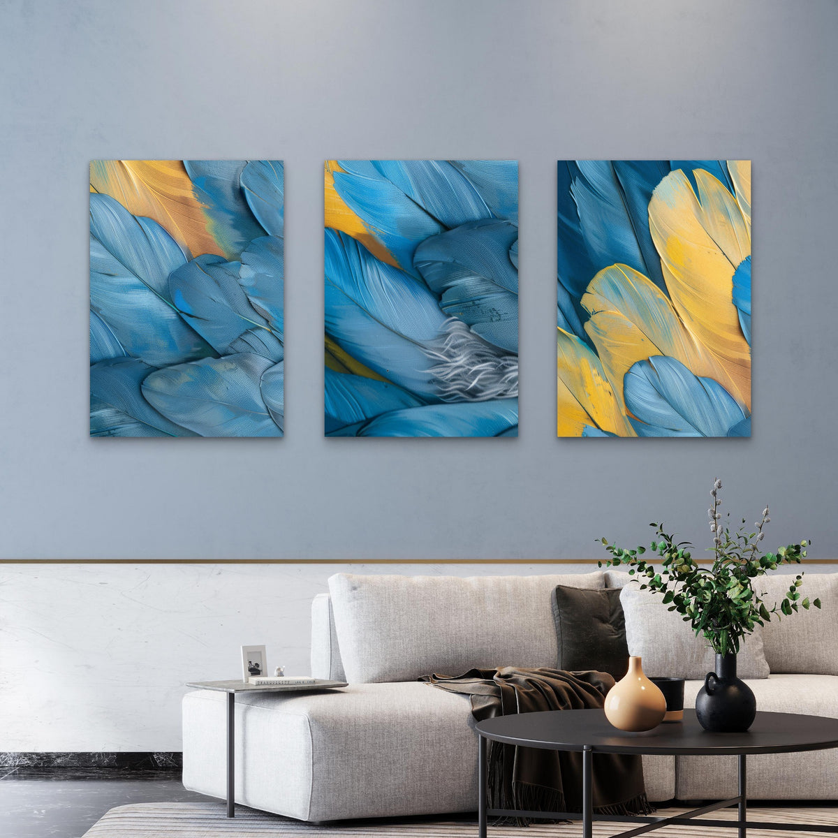 3pcs Modern Teal Blue Yellow Macaw Feather Wall Art Set Canvas Framed 40x60cm - High Quality Print 100% Australian Made Wall Canvas Ready to Hang