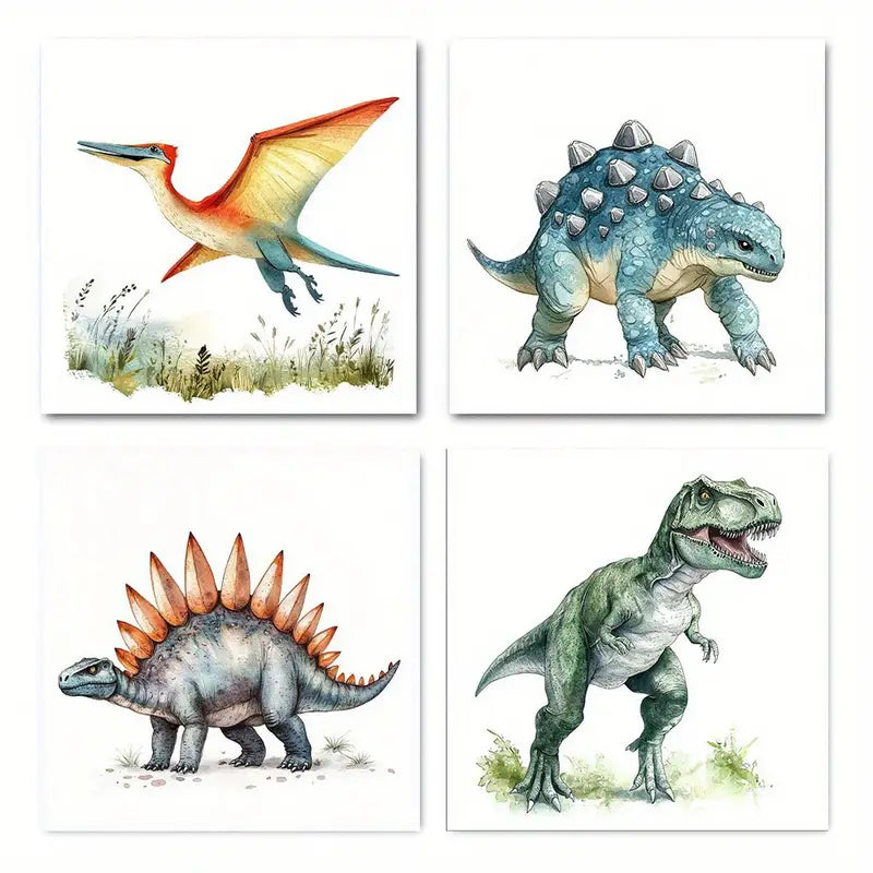 4pcs Pterodactyl, Stegosaurus, Triceratops & T Wall Art Canvas Framed