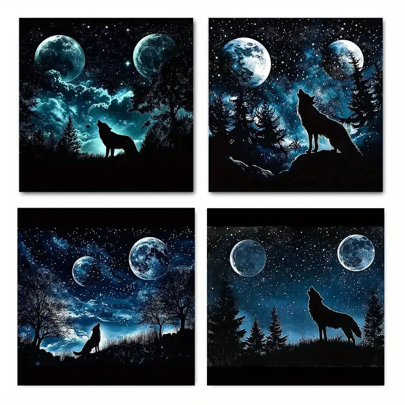 4pcs  Night Scenery Wolf  NS Wall Art Canvas Framed
