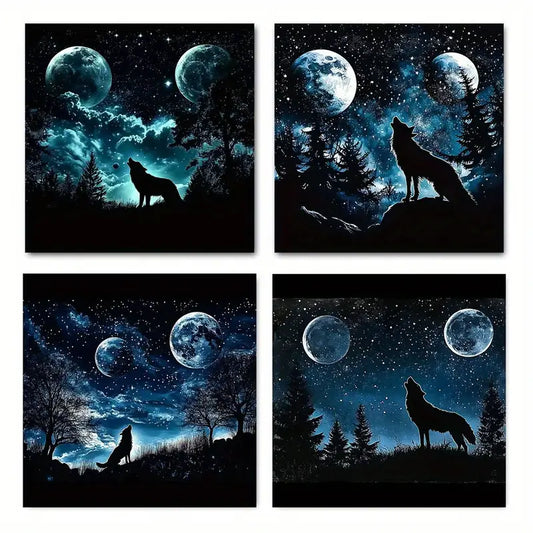 4pcs  Night Scenery Wolf  NS Wall Art Canvas Framed