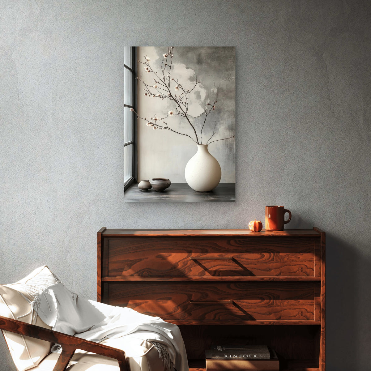 Plum Branch Round Ceramic Pot 40x60cm Metal Print Ready to Hang