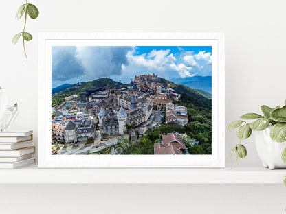 Cityscape & Forest View Blue Sky Glass Framed Wall Art, Ready to Hang Quality Print With White Border White