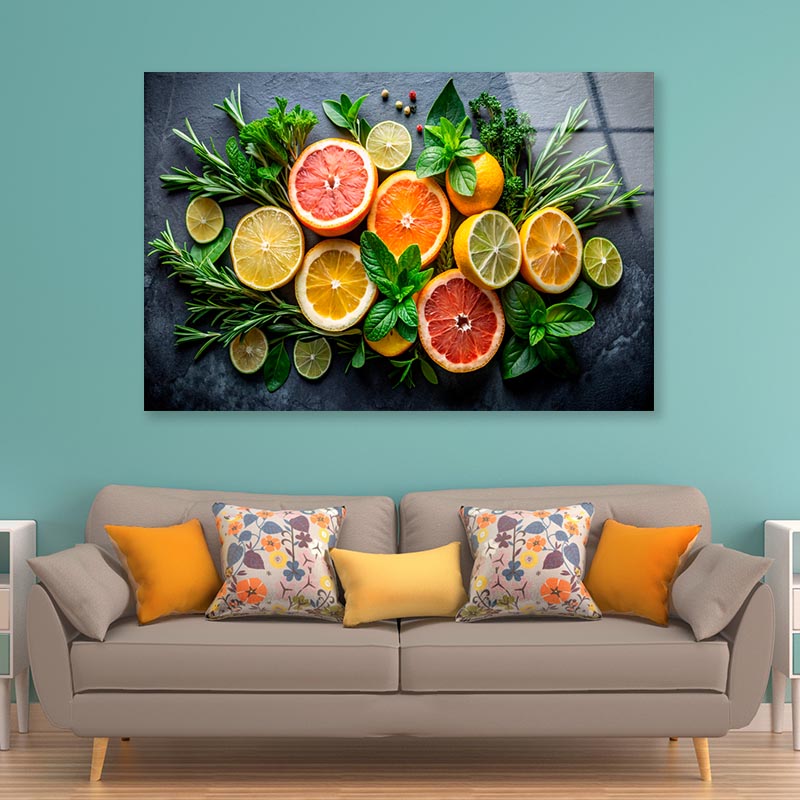 Citrus Fruit and Mint Sprigs  Acrylic Glass Print Tempered Glass Wall Art 100% Made in Australia Ready to Hang