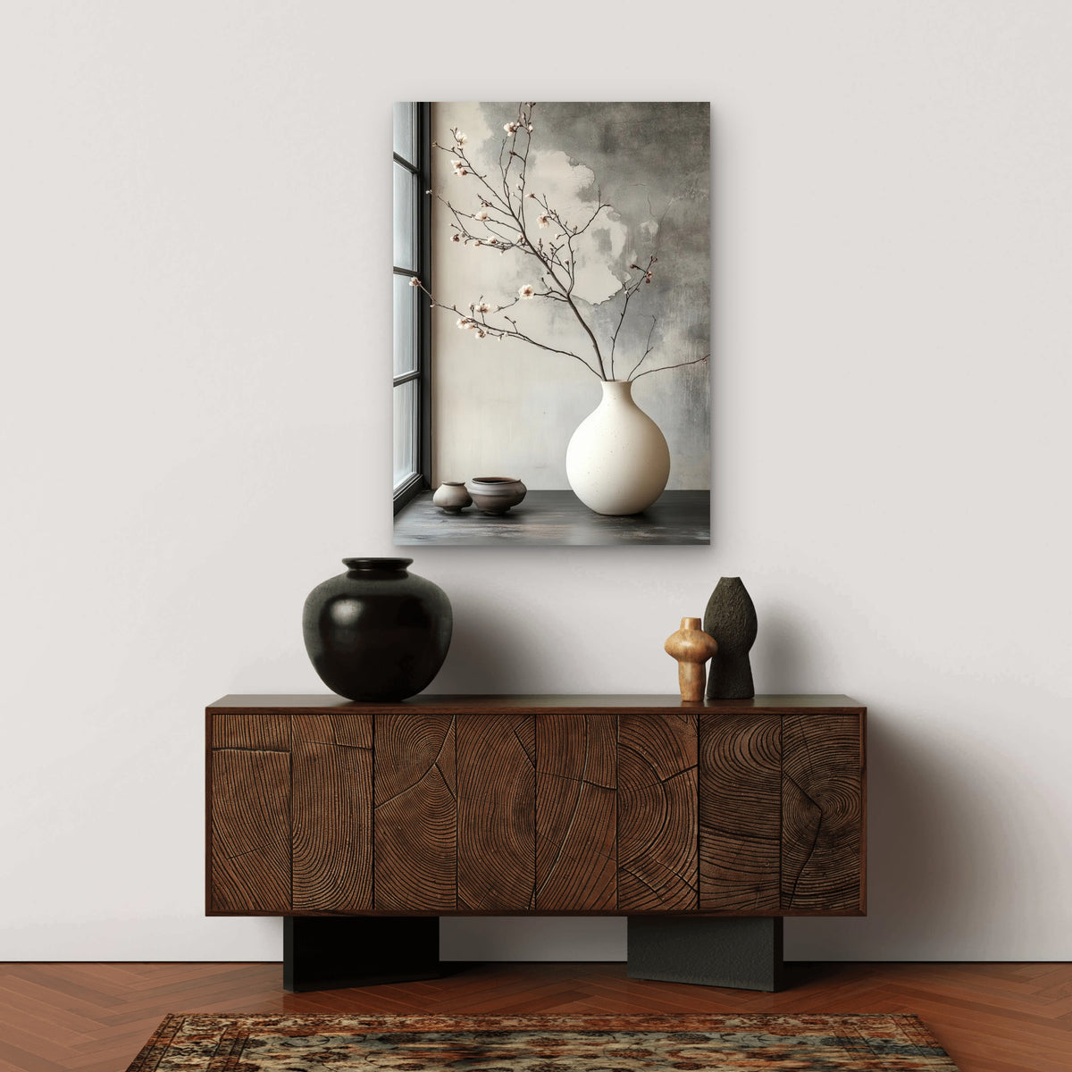 Plum Branch Round Ceramic Pot 40x60cm Metal Print Ready to Hang