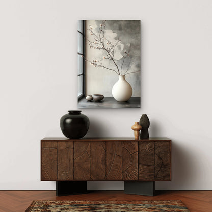 Plum Branch Round Ceramic Pot 40x60cm Metal Print Ready to Hang