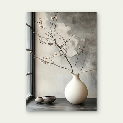 Plum Branch Round Ceramic Pot 40x60cm Metal Print Ready to Hang