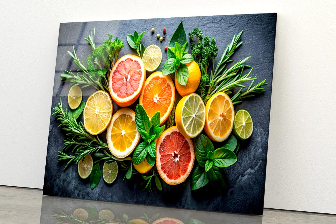 Citrus Fruit and Mint Sprigs  Acrylic Glass Print Tempered Glass Wall Art 100% Made in Australia Ready to Hang