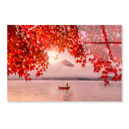 Red Autumn Leaves, Boat and Mountain Fuji Acrylic Glass Print Tempered Glass Wall Art 100% Made in Australia Ready to Hang