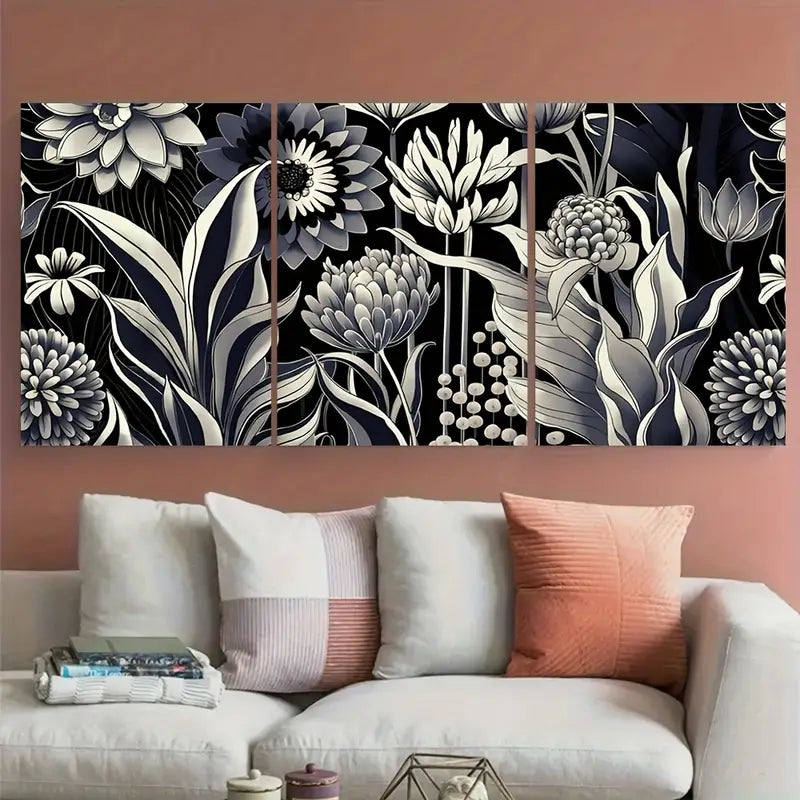 3pcs Geometric Floral Black and White Metal Print Ready to Hang Art