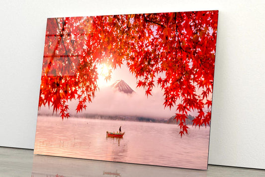 Red Autumn Leaves, Boat and Mountain Fuji Acrylic Glass Print Tempered Glass Wall Art 100% Made in Australia Ready to Hang