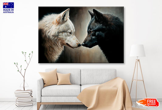 Two White and Black Wolves Facing Each Other Wall Art Decor 100% Australian Made