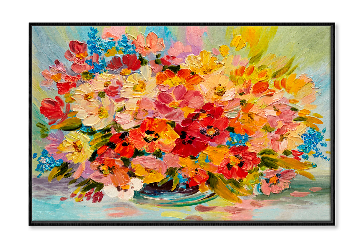 Colorful Bouquet Of Summer Flowers Oil Painting Limited Edition High Quality Print Canvas Box Framed Black