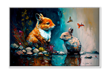 Cute Short Ear Rabbit With Nature Oil Painting Wall Art Limited Edition High Quality Print Canvas Box Framed White