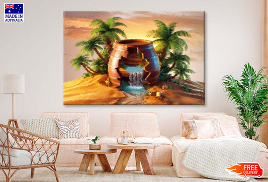 Painting of a Cracked Pottery Barrel Nestled In an Oasis Wall Art Limited Edition High Quality Print