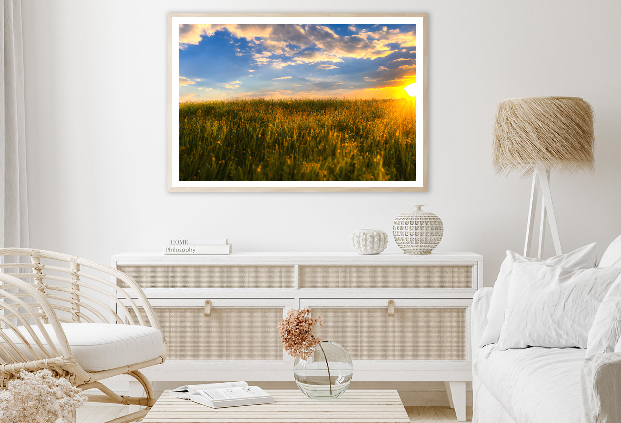 A Field Of Grass with the Sun Setting Home Decor Premium Quality Poster Print Choose Your Sizes