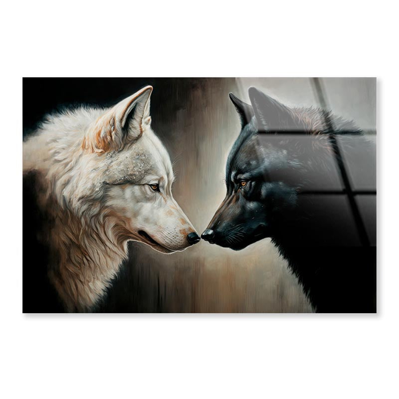 Two White and Black Wolves Facing Each Other Acrylic Glass Print Tempered Glass Wall Art 100% Made in Australia Ready to Hang