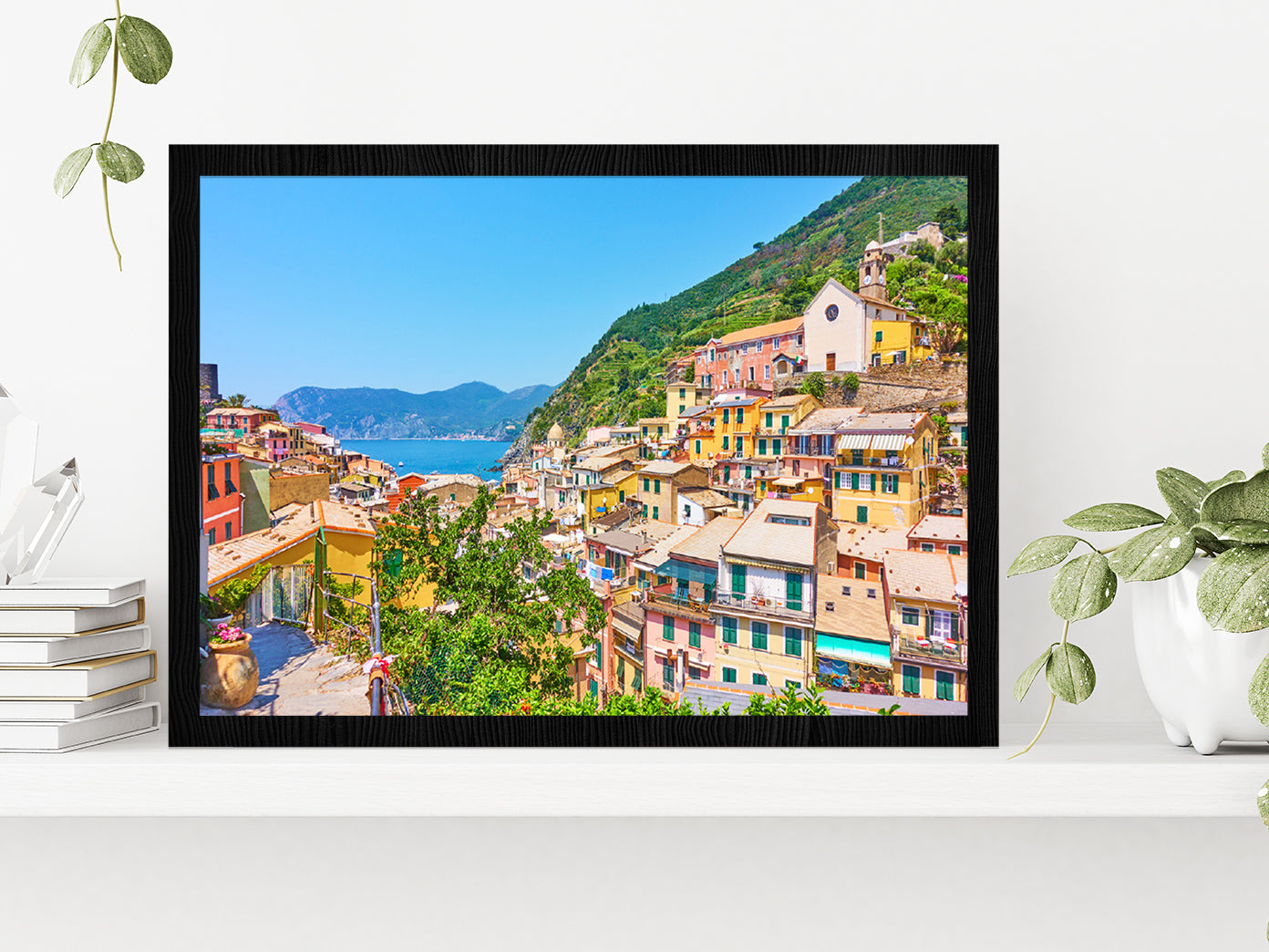 Vernazza Town By The Sea In Italy Glass Framed Wall Art, Ready to Hang Quality Print Without White Border Black