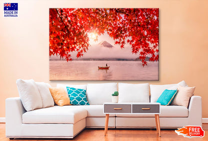 Red Autumn Leaves, Boat and Mountain Fuji Wall Art Decor 100% Australian Made