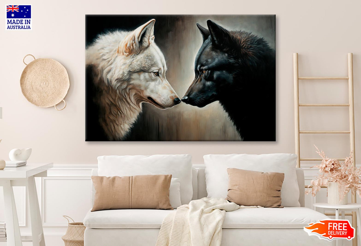 Two White and Black Wolves Facing Each Other Wall Art Decor 100% Australian Made