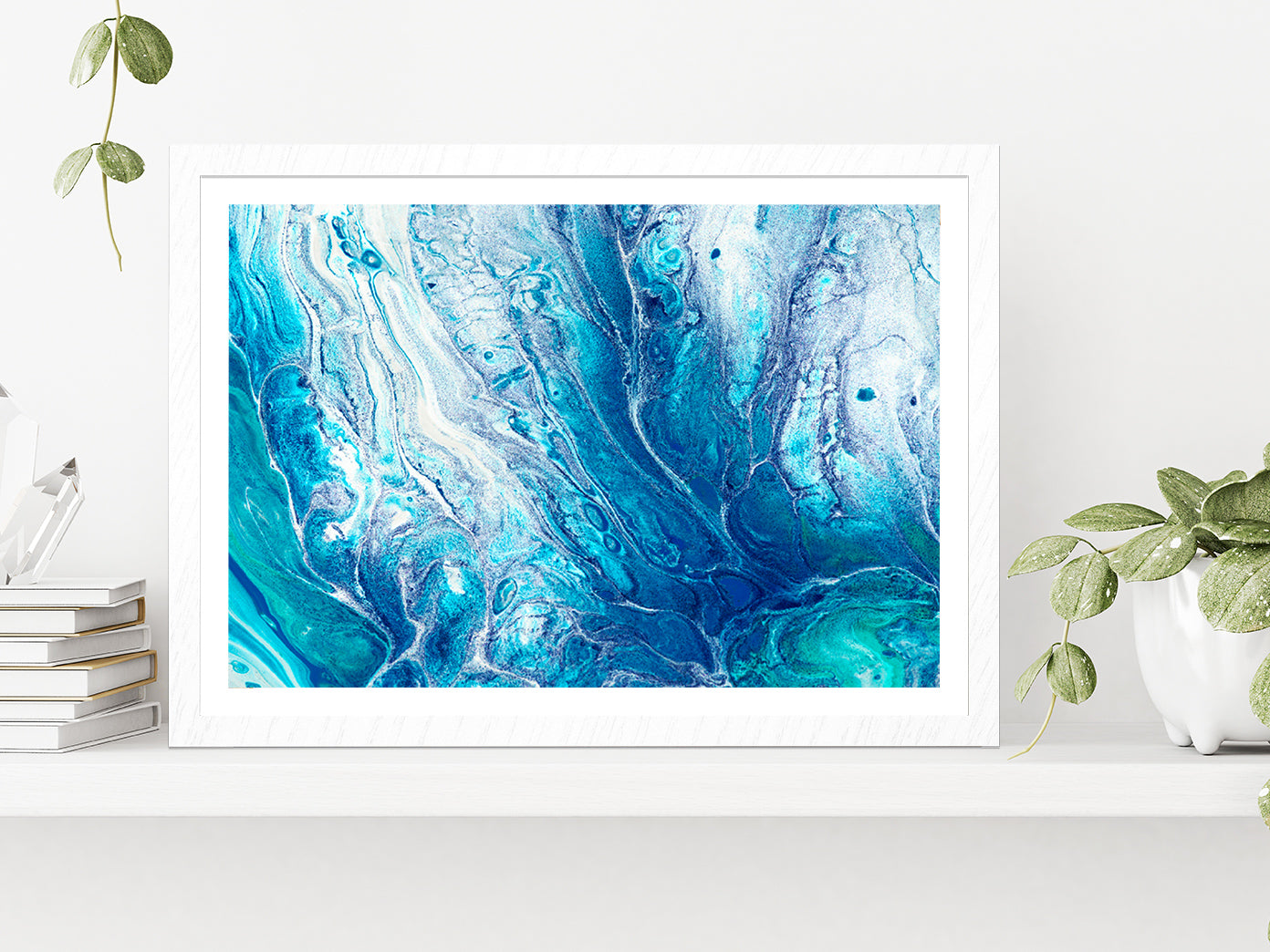 Blue Abstract Acrylic Paint Glass Framed Wall Art, Ready to Hang Quality Print With White Border White