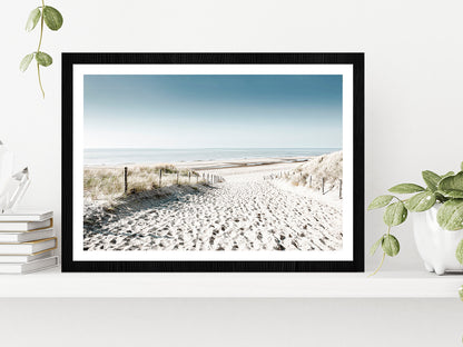 Sandy Path to Sea & Blue Sky Faded Photograph Glass Framed Wall Art, Ready to Hang Quality Print With White Border Black