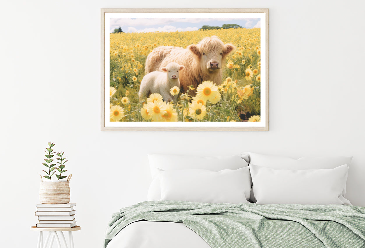 Two Baby Cows Standing In a Field Of Yellow Flowers Home Decor Premium Quality Poster Print Choose Your Sizes