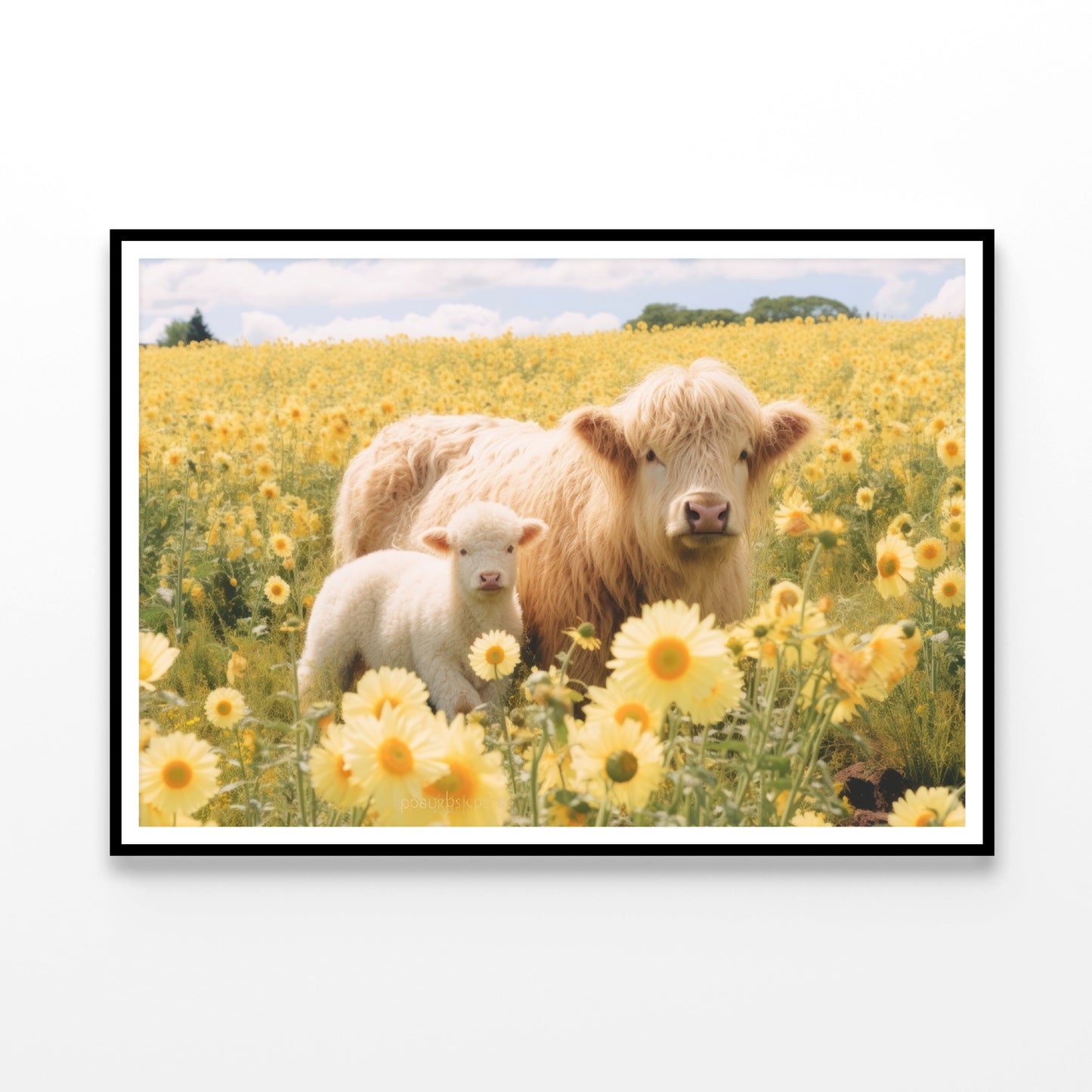 Two Baby Cows Standing In a Field Of Yellow Flowers Home Decor Premium Quality Poster Print Choose Your Sizes