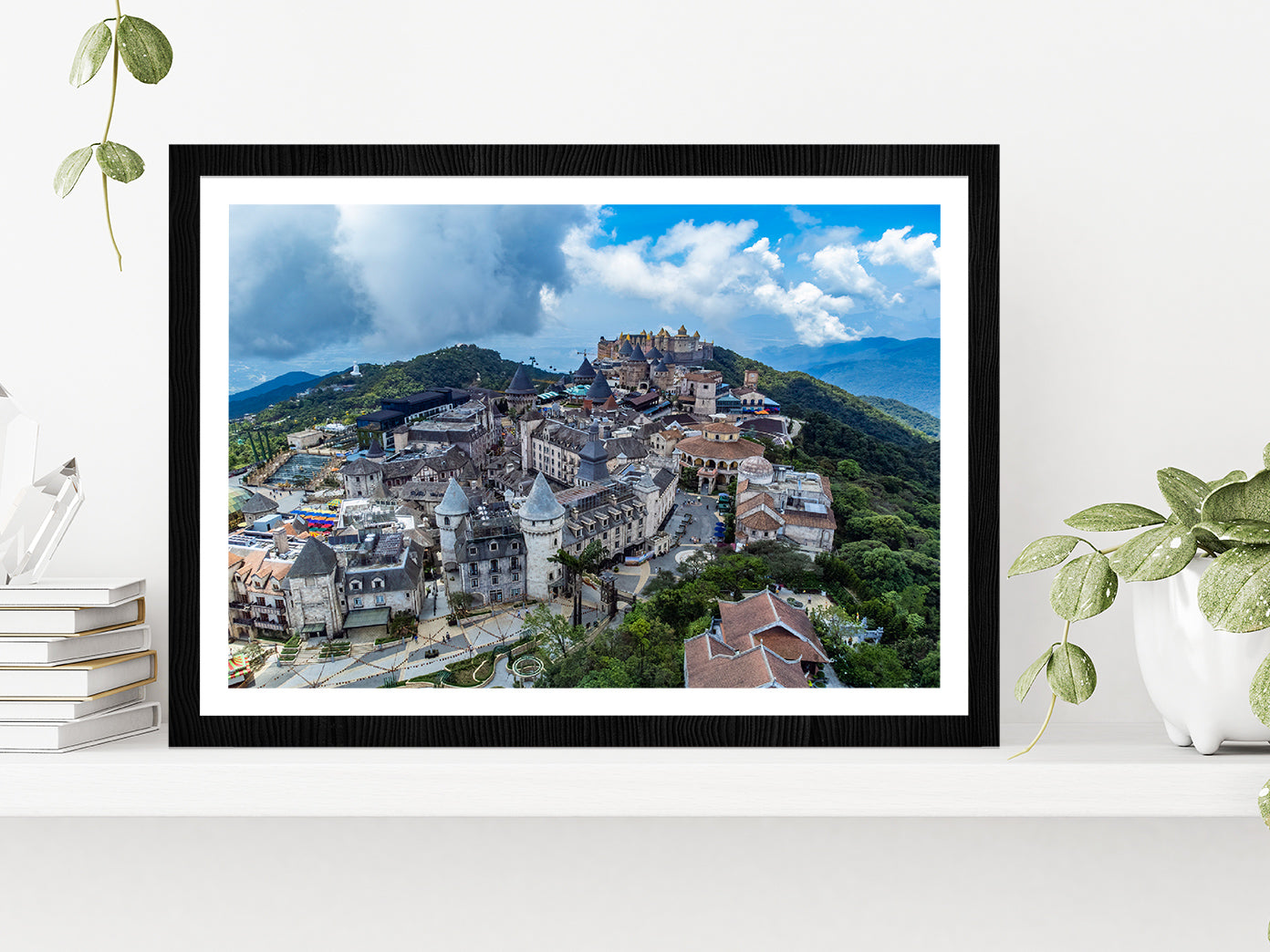 Cityscape & Forest View Blue Sky Glass Framed Wall Art, Ready to Hang Quality Print With White Border Black