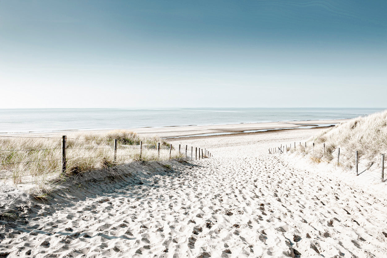 Sandy Path to Sea & Blue Sky Faded Photograph Glass Framed Wall Art, Ready to Hang Quality Print