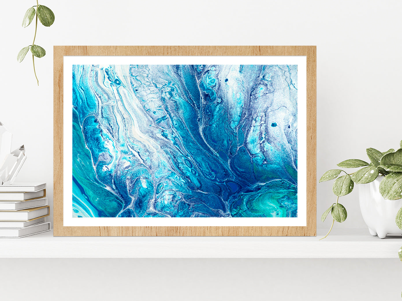 Blue Abstract Acrylic Paint Glass Framed Wall Art, Ready to Hang Quality Print With White Border Oak