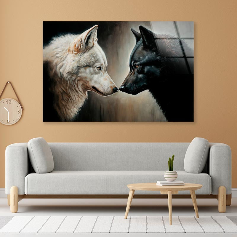 Two White and Black Wolves Facing Each Other Acrylic Glass Print Tempered Glass Wall Art 100% Made in Australia Ready to Hang