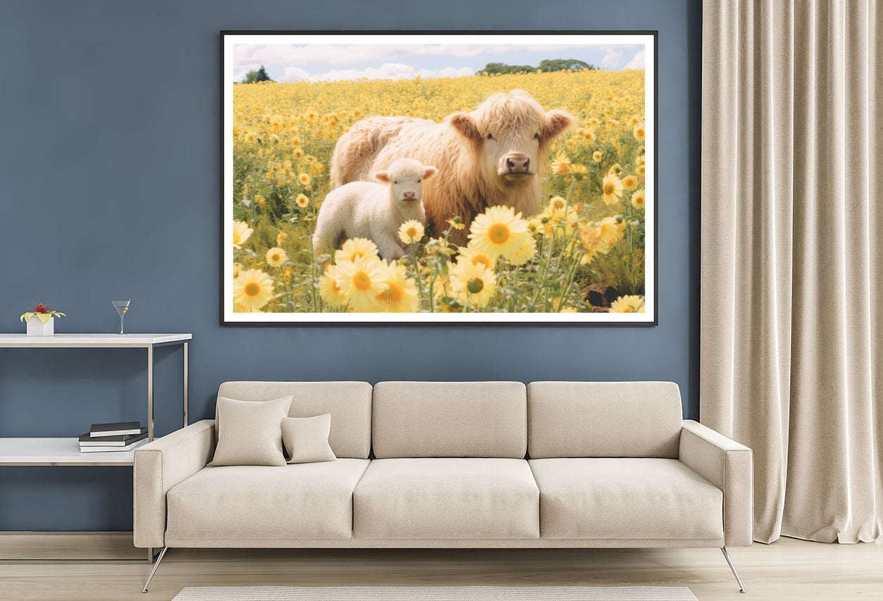 Two Baby Cows Standing In a Field Of Yellow Flowers Home Decor Premium Quality Poster Print Choose Your Sizes