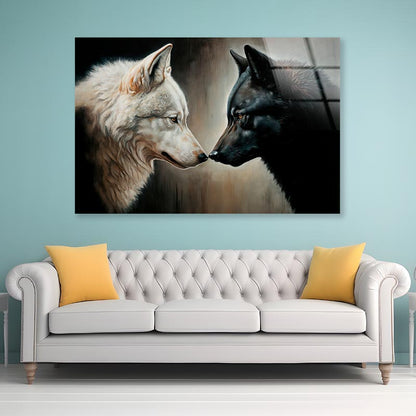 Two White and Black Wolves Facing Each Other Acrylic Glass Print Tempered Glass Wall Art 100% Made in Australia Ready to Hang